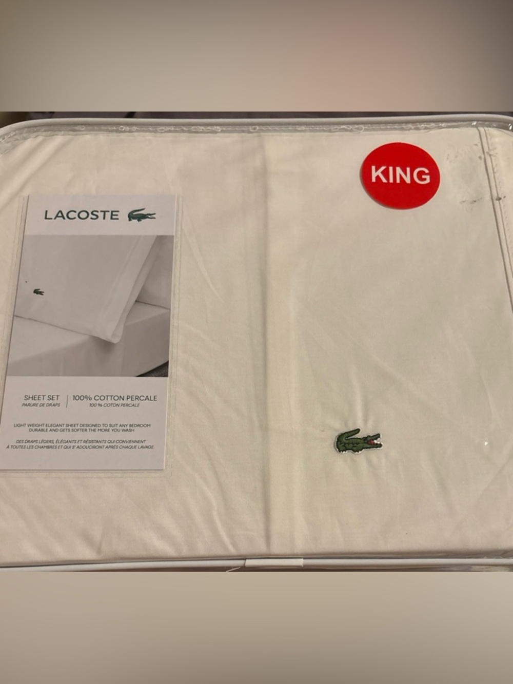 Lacoste White  100 % Cotton Percale Sheet Set with Green Crocodile